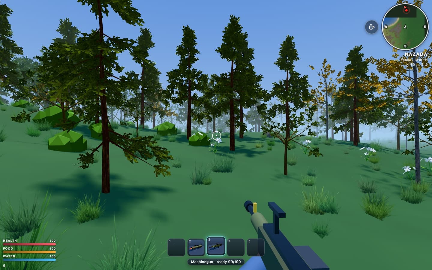 The machine gun in slot 3, firing in a generated pine forest, with minimap, vitals and ammo count.