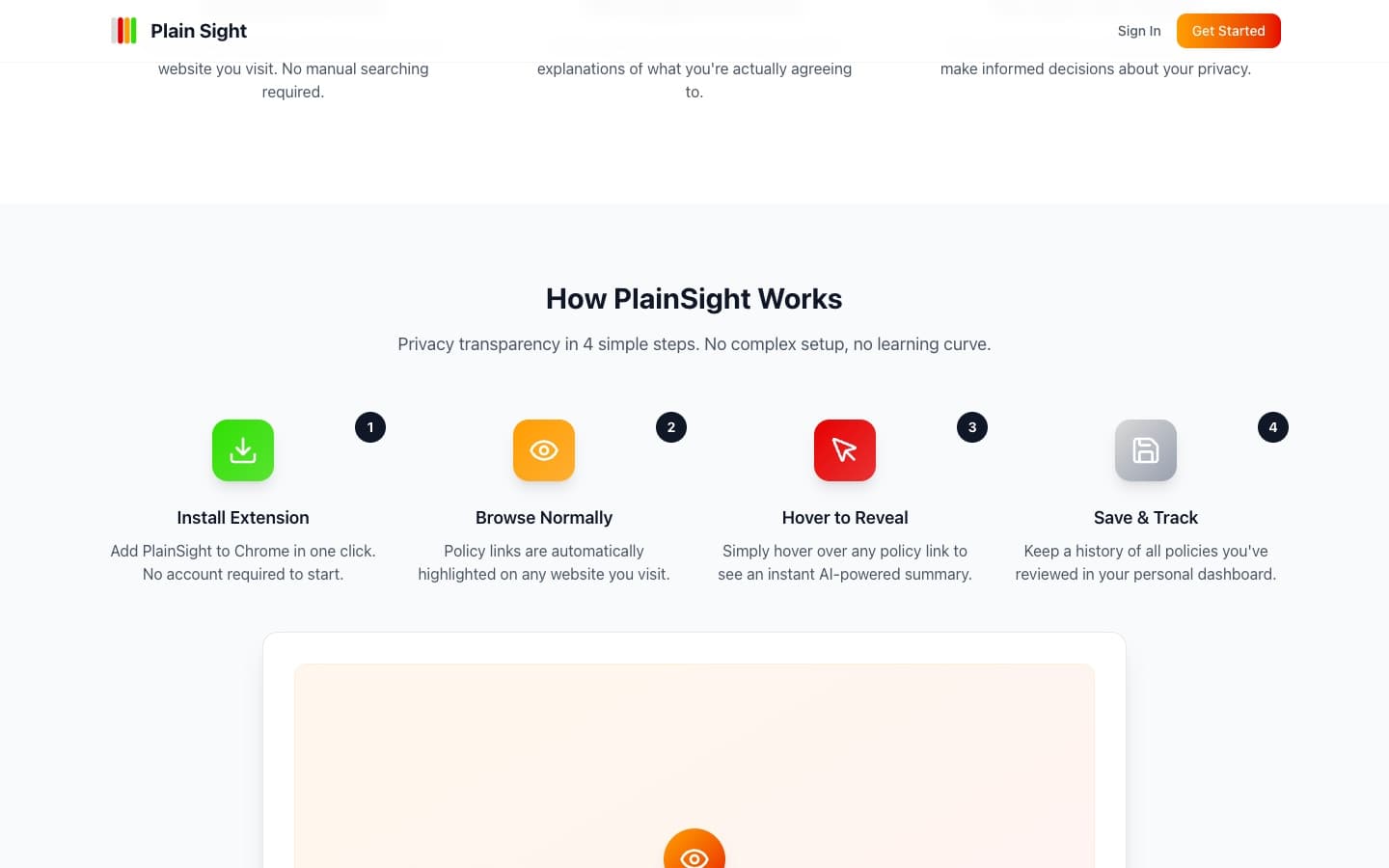 The four steps on the landing page: install, browse normally, hover to reveal, save and track.