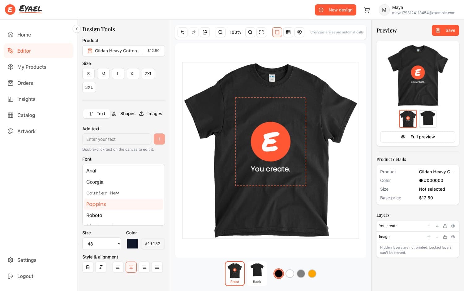 The design editor: a logo and text placed on a real product mockup, with the printable area, layers and a live preview.