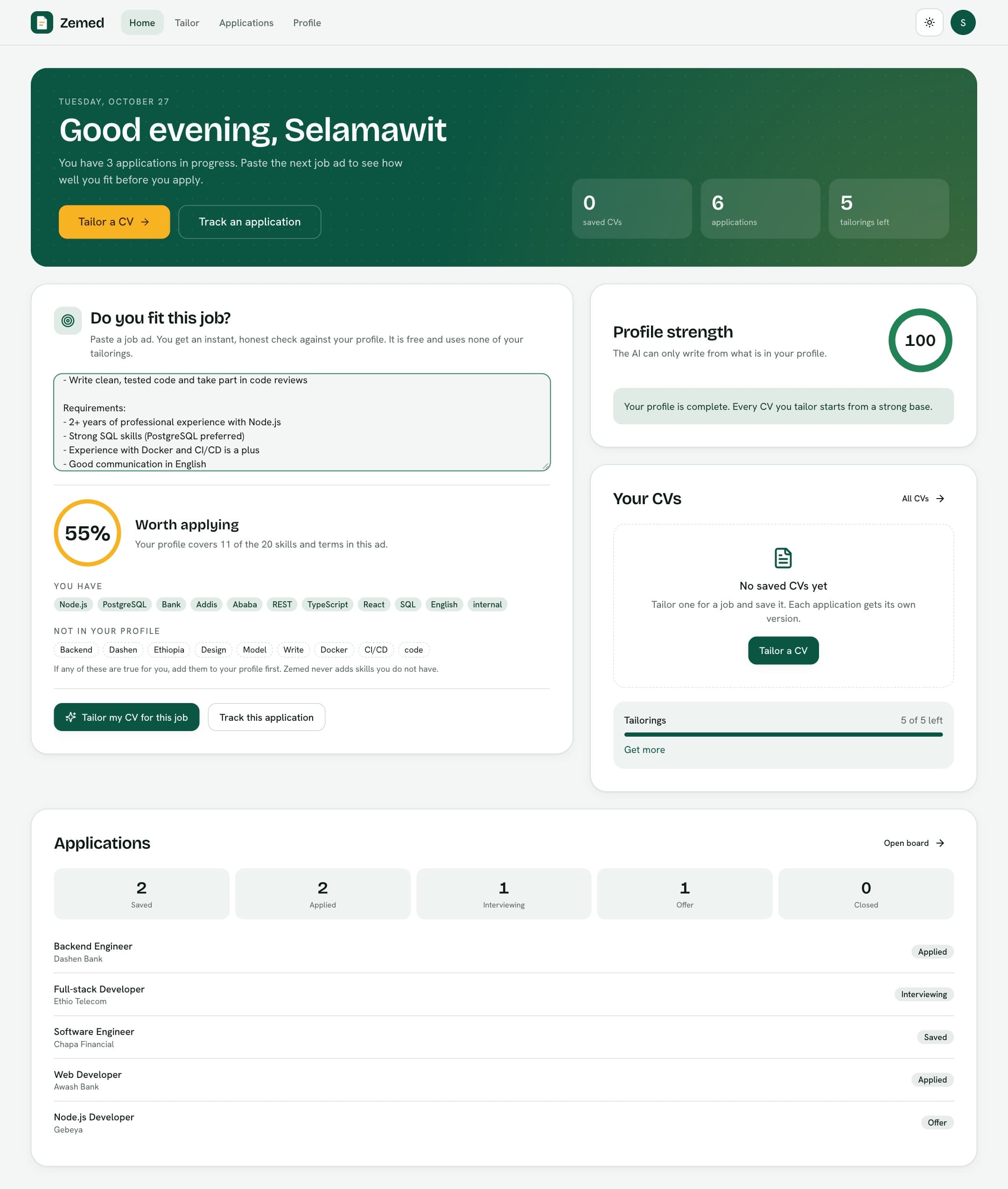 Home: a free job-fit check with matched and missing skills, profile strength, and the application pipeline.