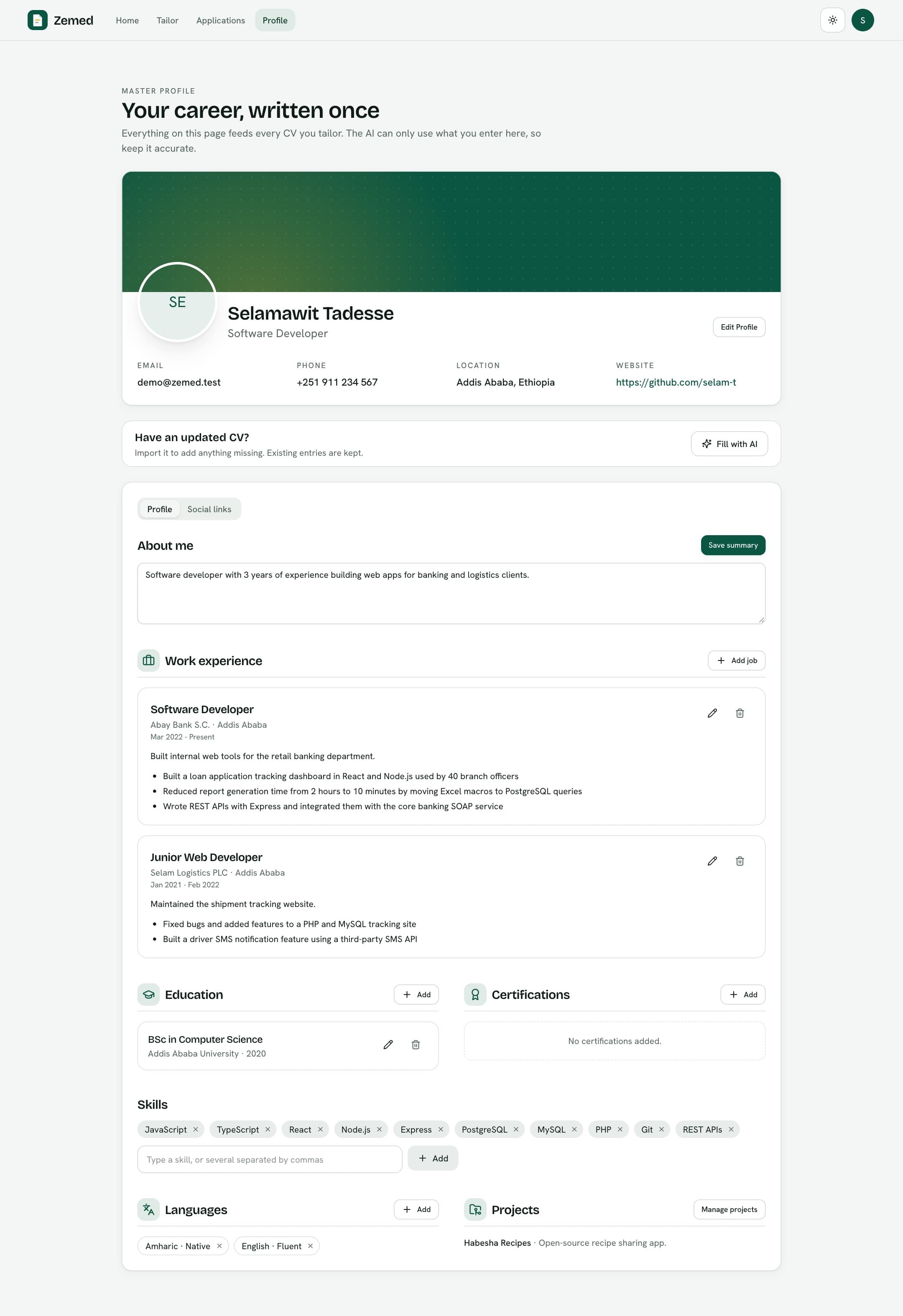 Master profile: written once, imported from an existing CV with AI, and the only source the AI may use.