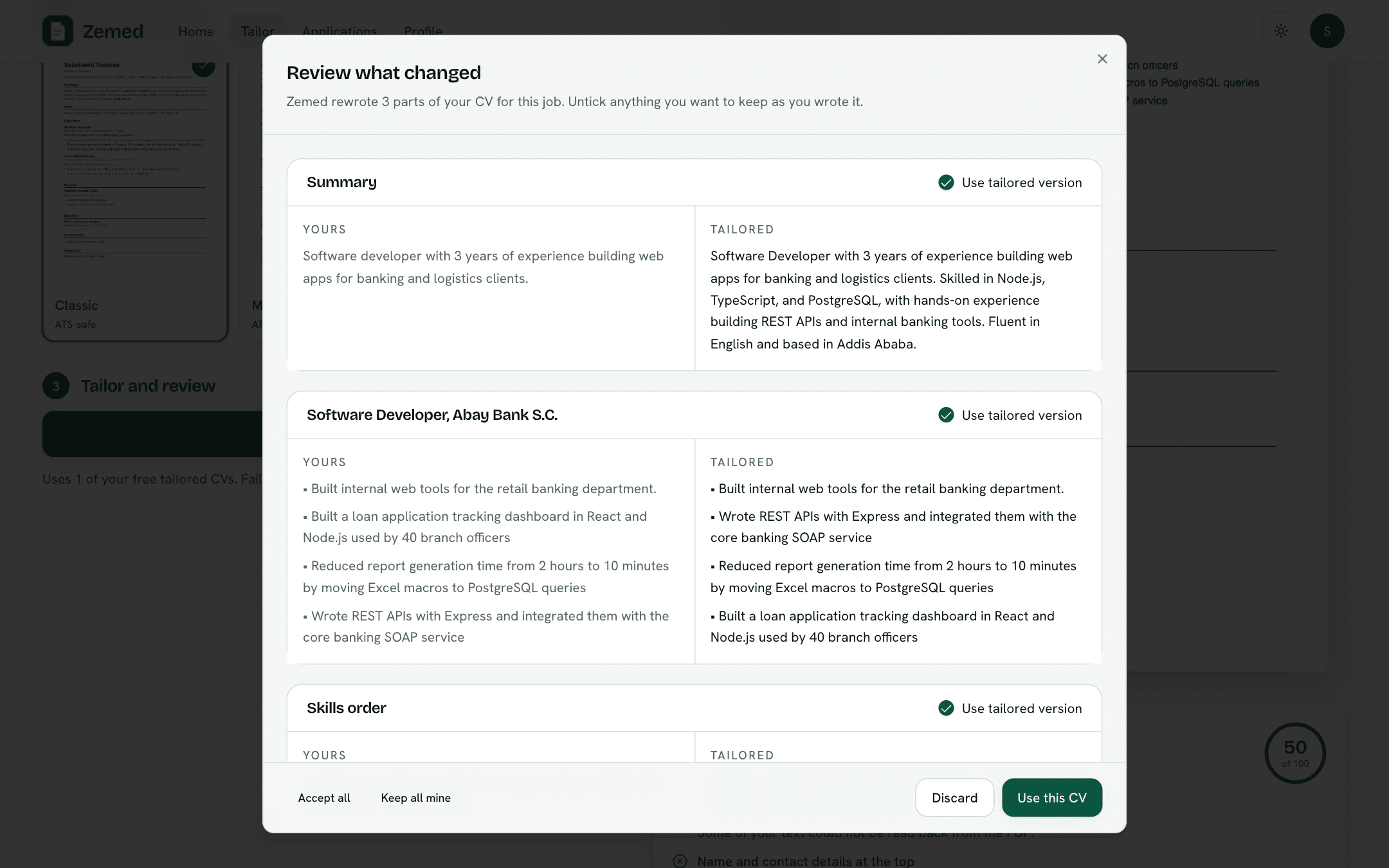 Review step: the person compares their text with the tailored text and accepts or rejects each change.