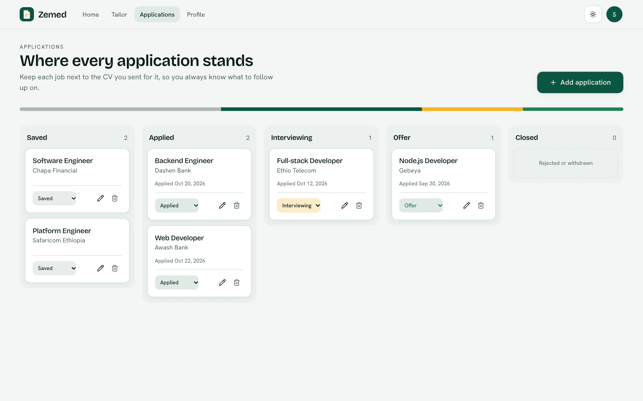 Applications board: each job next to the CV sent for it, from Saved to Offer.