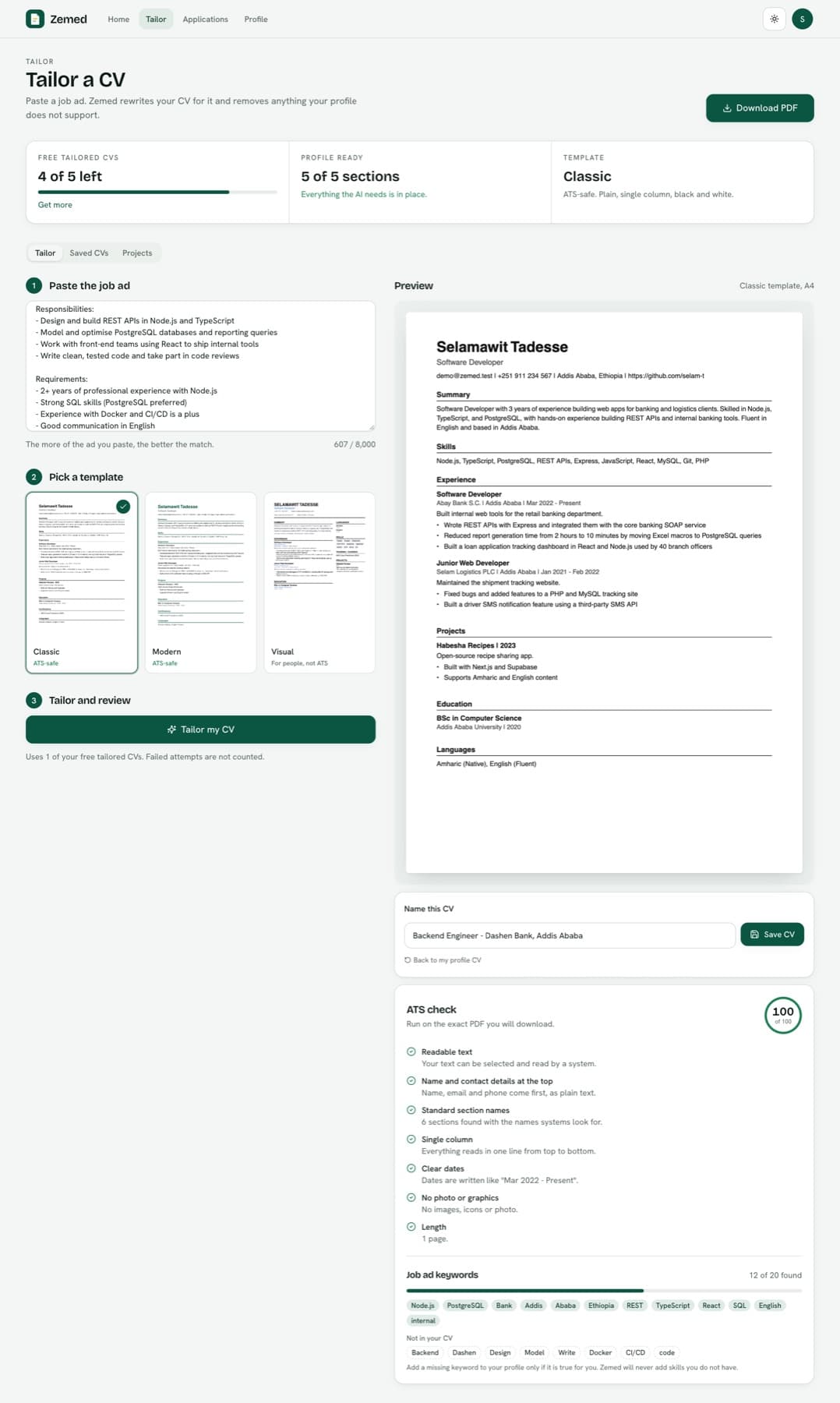 Tailor workspace: live A4 preview and an ATS check that runs on the exact PDF being downloaded.